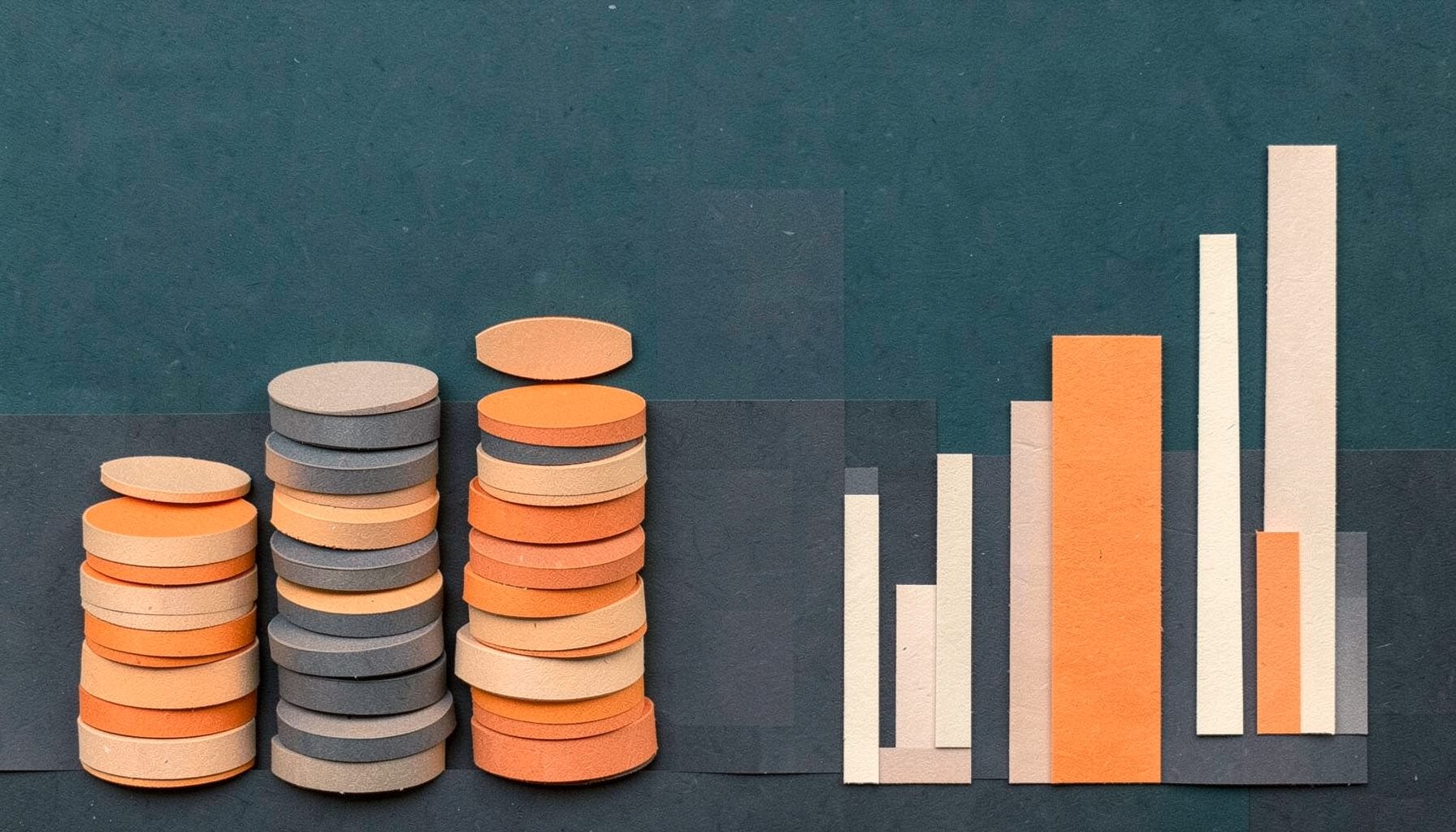 Layered paper cut-out collage of stacked coin towers and rising bar graphs in muted orange, charcoal, and cream against a dark teal sky, conveying steady financial markets and exchange trading floors in a calm, abstract mood.