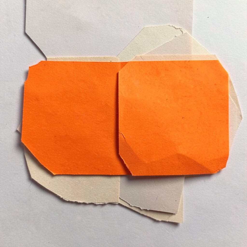A layered paper cut-out collage in deep orange and black tones suggesting stacked savings and financial growth, moody mood