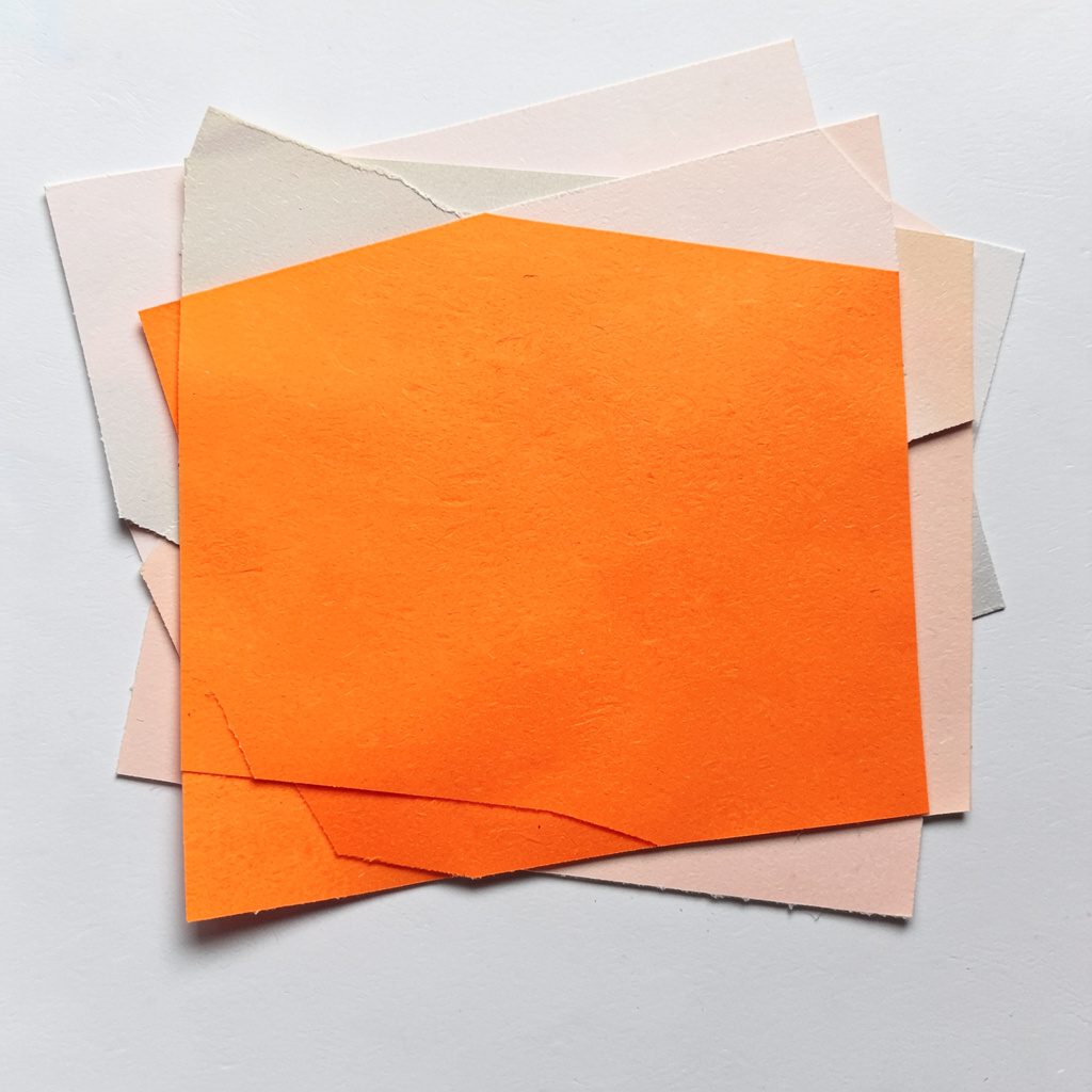 A paper cut-out collage of a household budget ledger and small coin stacks in muted orange and black