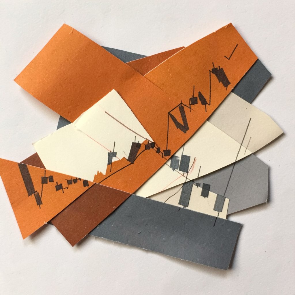 Abstract paper cut-out of overlapping stock ticker ribbons and candlestick charts in burnt orange, ivory, and slate gray, evoking a quiet trading day on a local exchange in warm, contemplative tones.