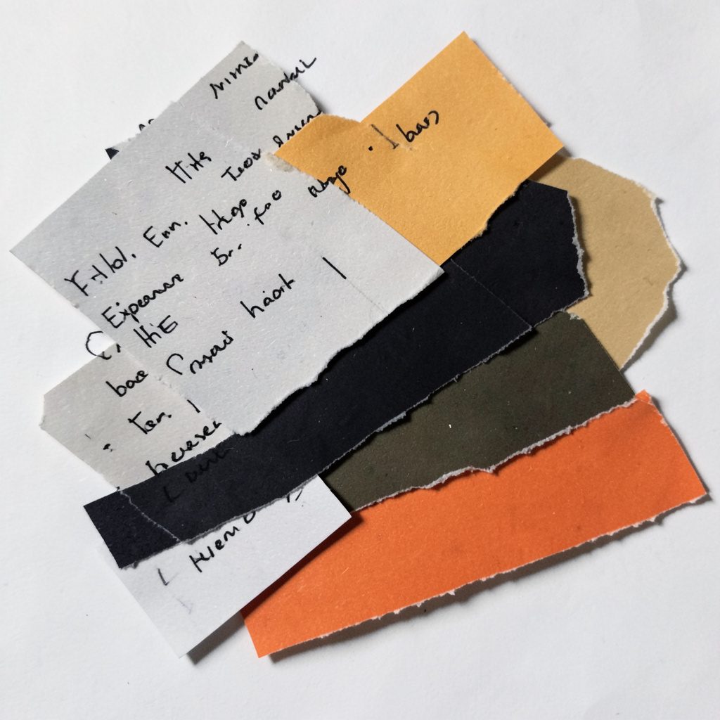 Layered paper cut-out collage of torn receipt strips in pale grey, ochre, and ink black arranged in overlapping angular shapes, evoking handwritten expense notes.