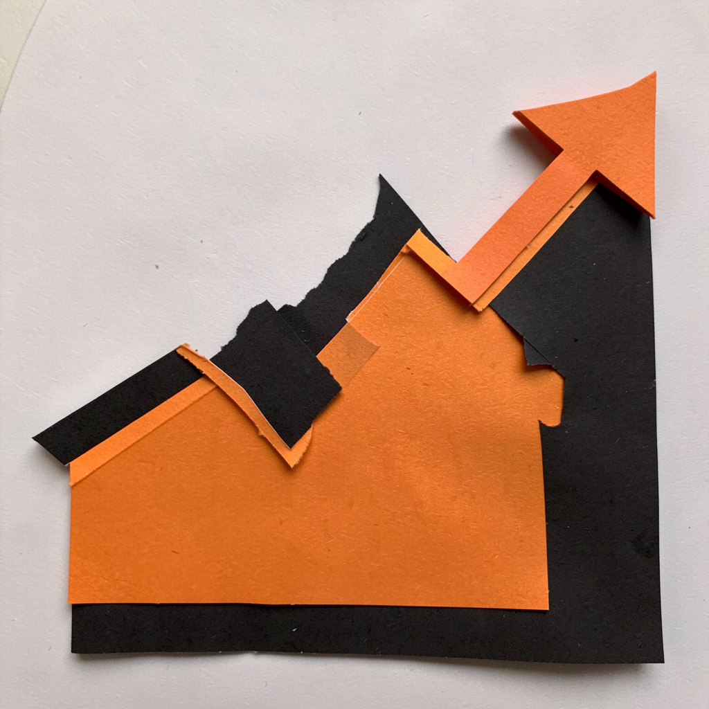 A layered paper cut-out collage representing steady savings growth in deep orange and black
